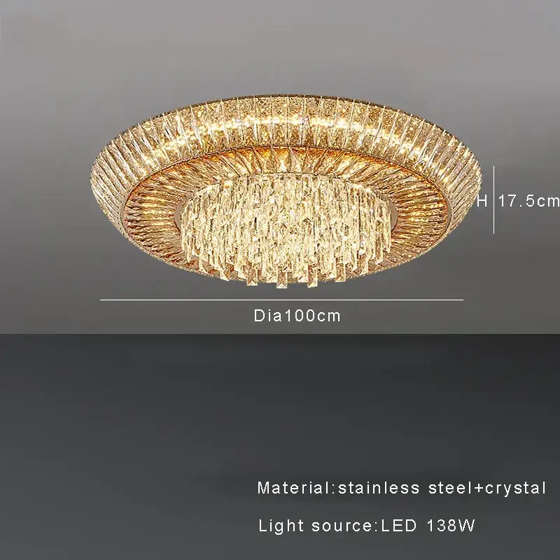 DecorBites amber crystal ceiling chandelier with gold-toned circular frame and cascading stainless steel crystals
