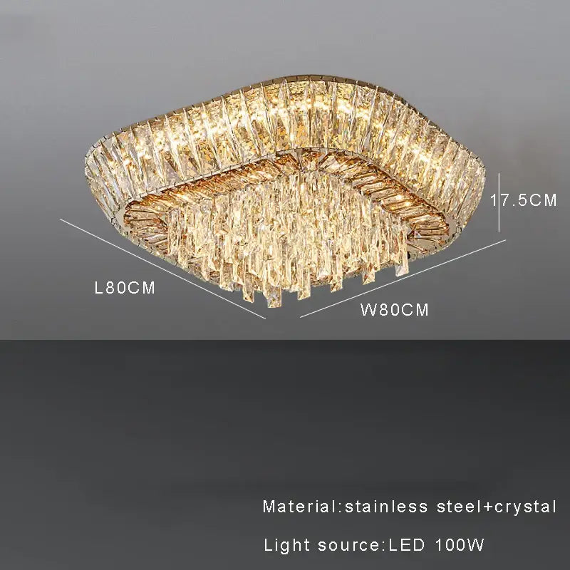DecorBites amber crystal ceiling chandelier with stainless steel frame and cascading clear crystals illuminated by led light