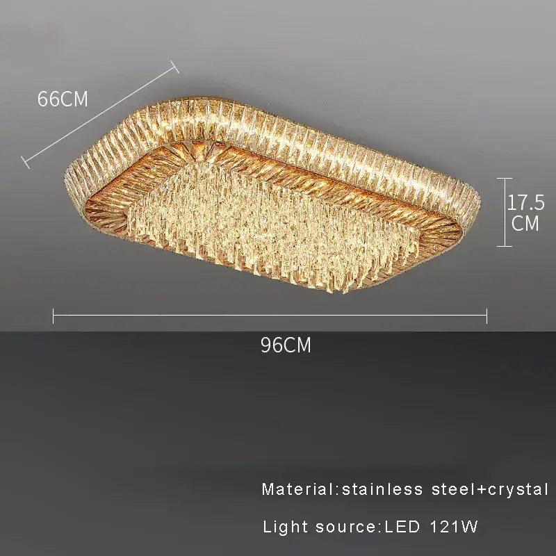 Decorbites amber crystal ceiling chandelier with gold-toned rectangular frame and cascading crystal design