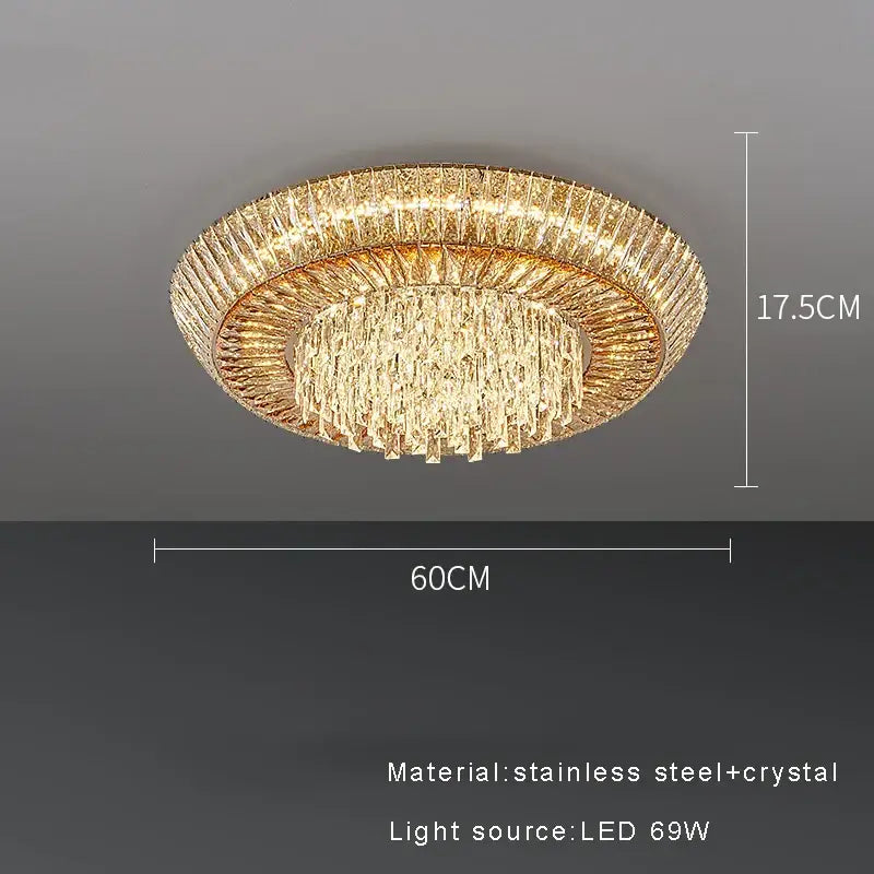 DecorBites amber crystal ceiling chandelier with gold-toned circular LED light and stainless steel frame accents