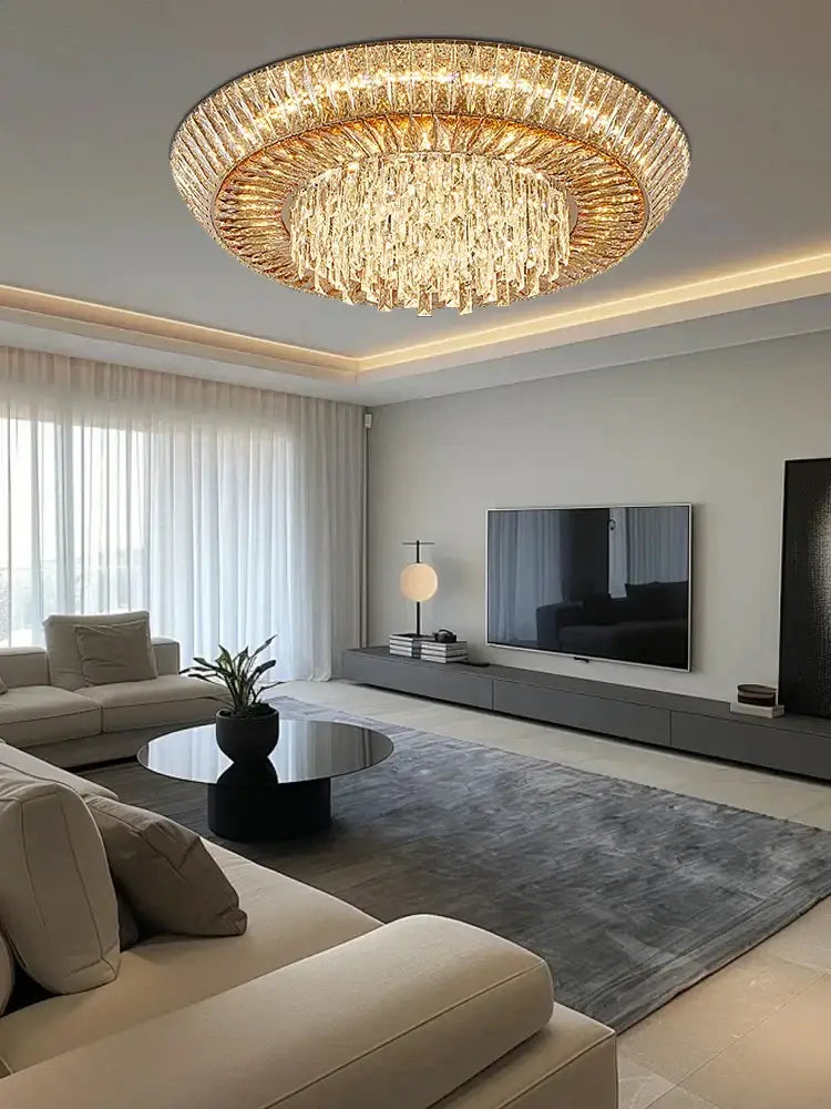Decorbites amber crystal ceiling chandelier with a golden frame and cascading amber crystal strands for luxe lighting
