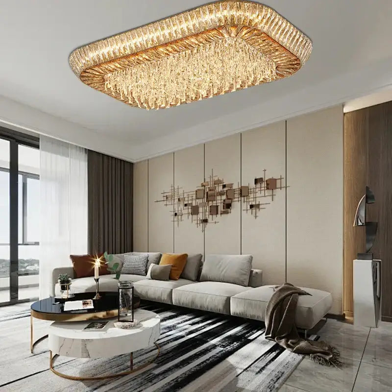 Rectangular decorbites amber crystal ceiling chandelier with golden frame and cascading clear crystals for luxe lighting