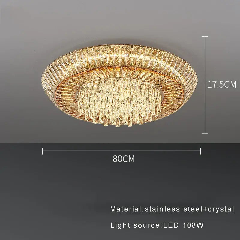 DecorBites™ amber crystal ceiling chandelier with gold-toned circular frame and layered crystal strands for luxe home decor
