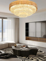 A luxurious decorbites amber crystal ceiling light with golden frame and cascading prisms for modern living rooms