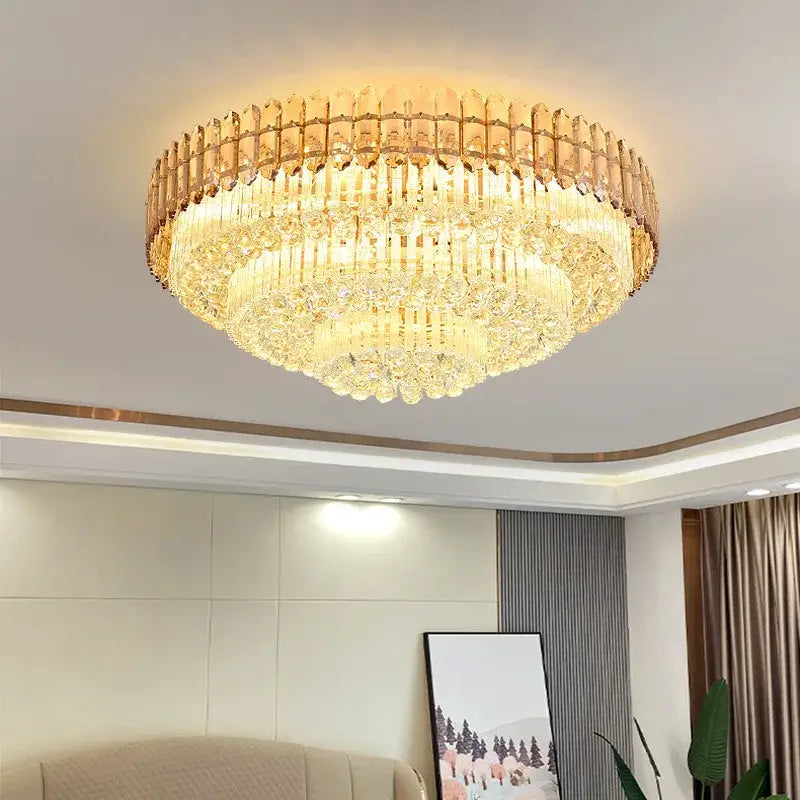 DecorBites™ amber crystal ceiling lights with gold-toned tiers emit warm light for modern luxury living rooms and foyers