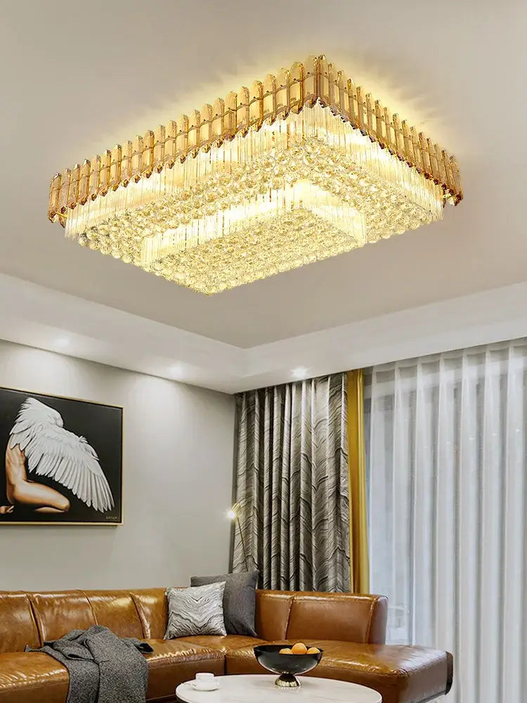 Gold-toned DecorBites Amber crystal ceiling lights with rectangular crystals and cascading glass prisms for modern luxury
