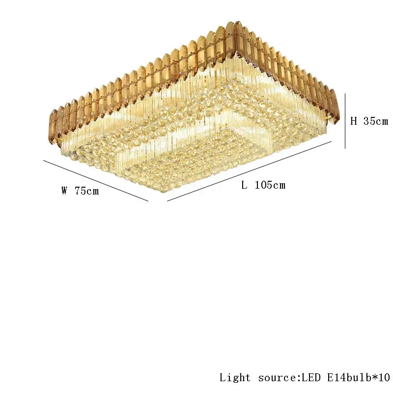 Decorbites amber crystal ceiling lights featuring gold-toned rectangular fixture with cascading crystal strands for modern luxury