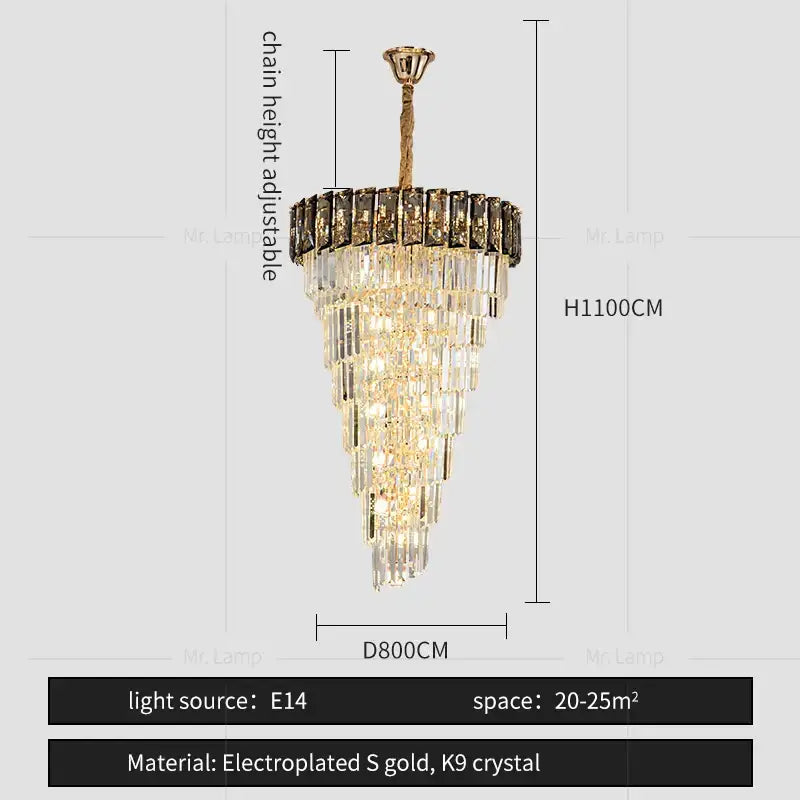 A tiered amber crystal chandelier with cascading k9 crystal prisms and an electroplated s gold frame for luxurious living spaces