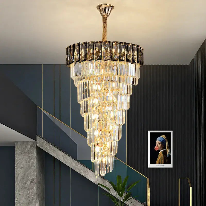 Decorbites™ amber crystal chandelier with cascading clear and black rectangular prisms suspended by gold-toned chain