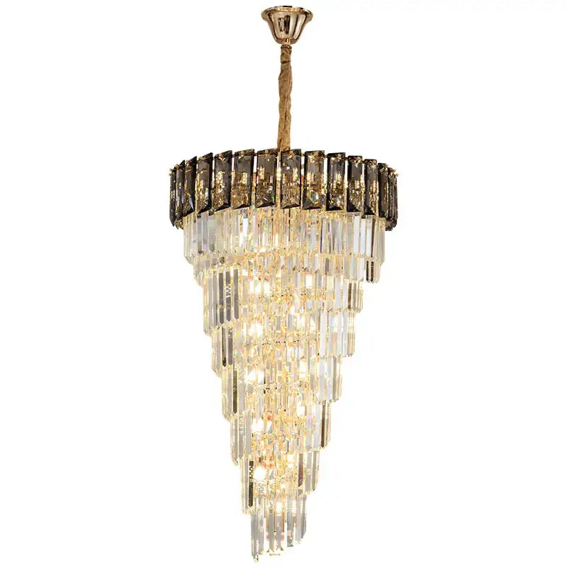 DecorBites™ amber crystal chandelier with tiered cascading clear and dark glass prisms for luxurious living spaces