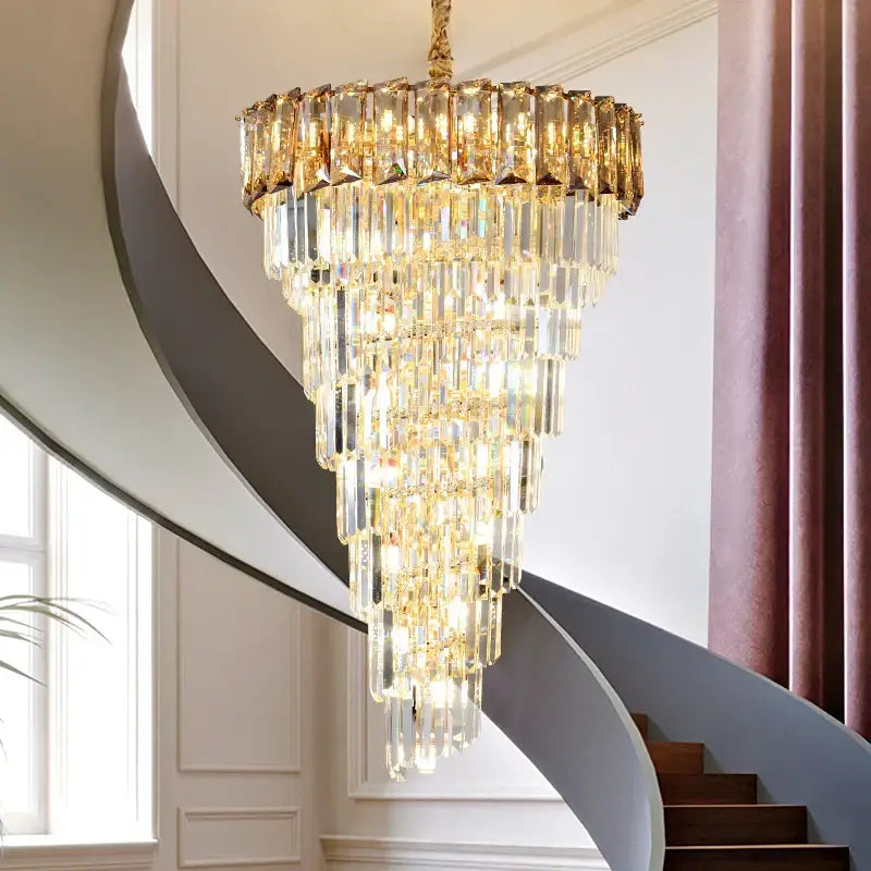DecorBites™ amber crystal chandelier with multi-tiered cascading clear and amber prisms on gold-toned frame