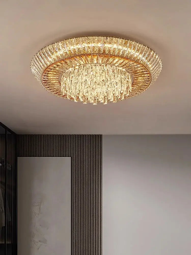 DecorBites amber crystal led ceiling light with a golden frame and cascading clear crystals for luxurious home decor
