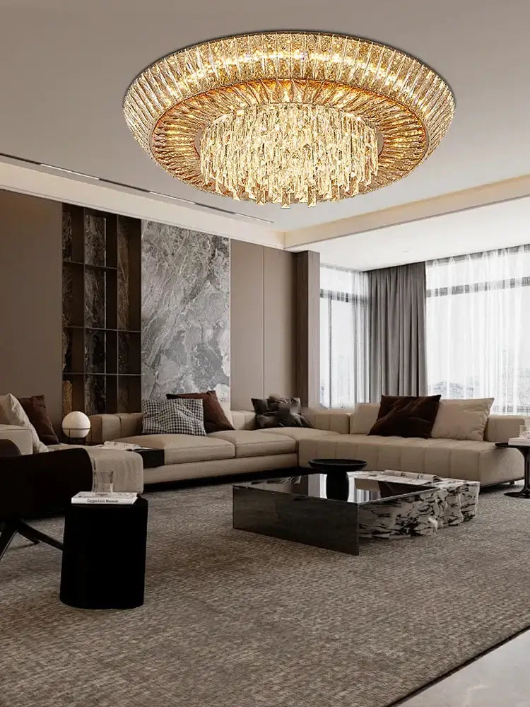 A luxurious gold-toned DecorBites™ amber crystal LED ceiling light with cascading crystals and multi-tiered design
