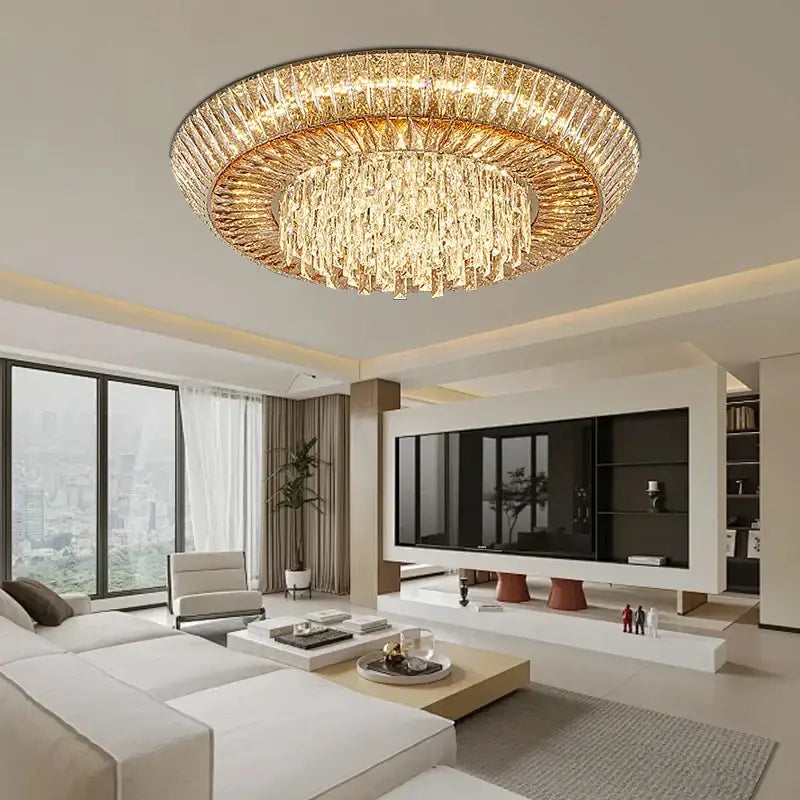 Golden DecorBites™ amber crystal led ceiling light with circular layered design and cascading hanging crystals