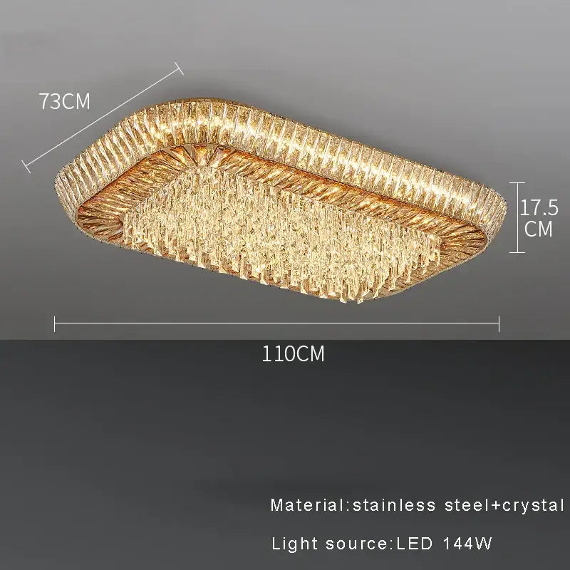 Gold-toned decorbites™ amber crystal led ceiling light with rectangular stainless steel frame and cascading crystals