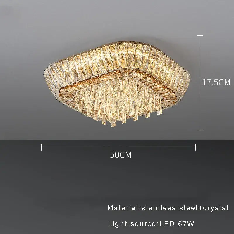 Decorbites™ amber crystal led rectangular ceiling light with gold stainless steel frame and cascading clear crystals