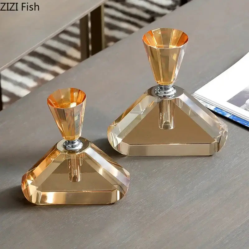 DecorBites amber crystal perfume bottle with golden faceted pyramid bases and polished chrome stems for aromatherapy