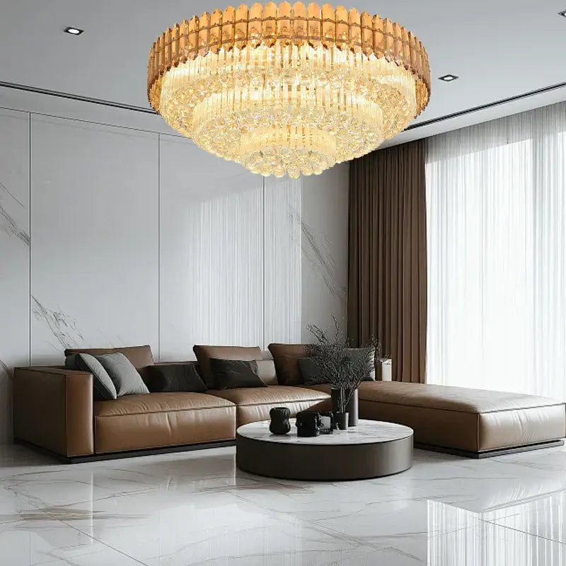 Golden amber crystal round chandelier with tiered cascading design for living room by decorbites