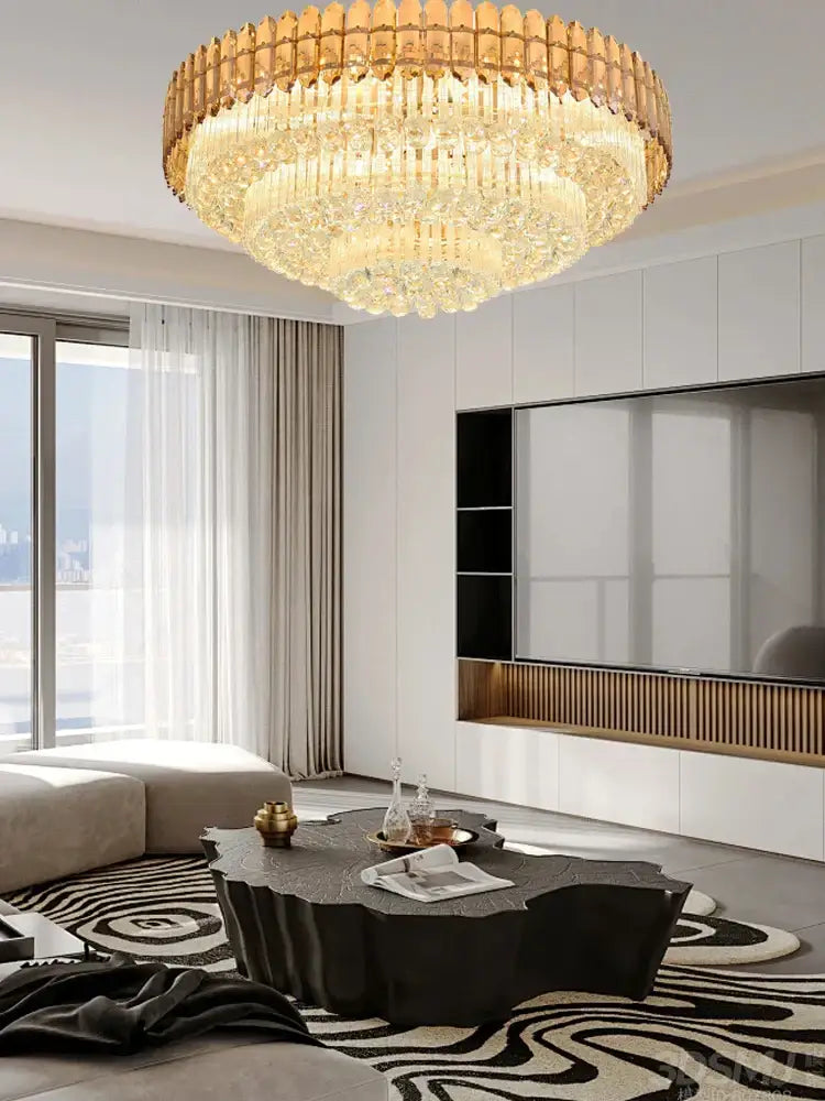 DecorBites™ amber crystal round chandelier with cascading prisms and tiered design for living room lighting