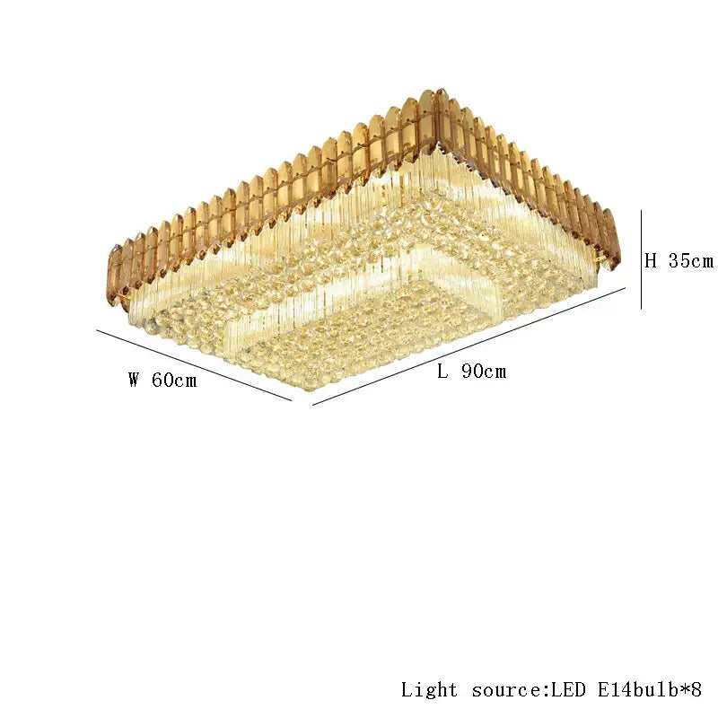 Gold-toned rectangular crystal round chandelier with cascading amber crystal strands and led lighting for living room