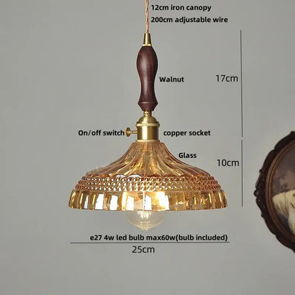 DecorBites amber flower glass LED pendant light with dark walnut handle brass hardware and ornate amber shade