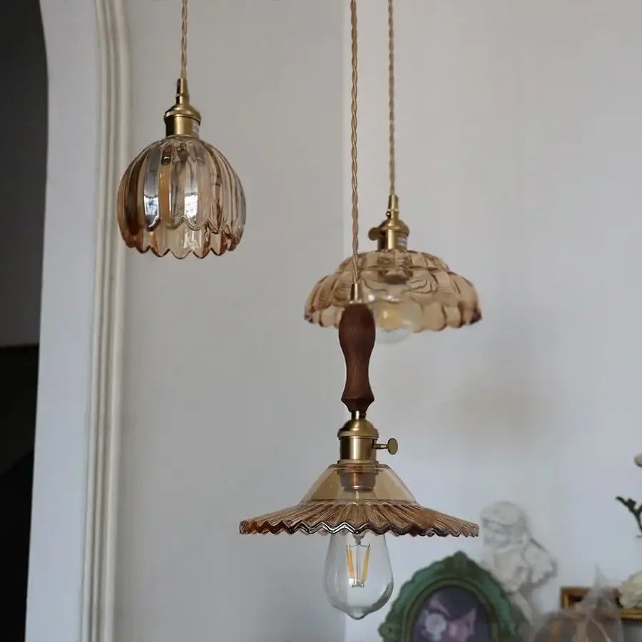 Decorbites amber flower glass led pendant light with amber-tinted ribbed glass and brass fixtures on copper cords