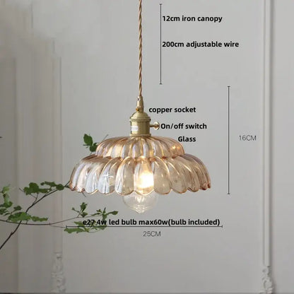 DecorBites™ amber flower glass pendant light with fluted petals and brass accents for modern Nordic decor