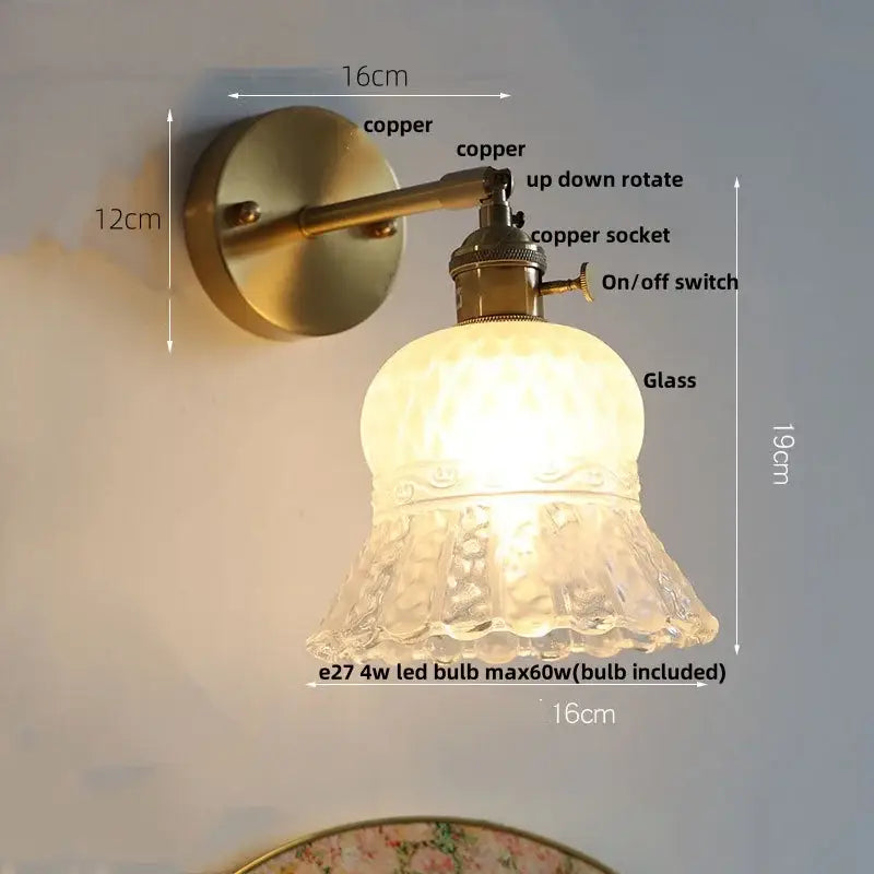 Copper-finished wall light featuring amber flower glass led with textured frosted shade for kitchen restaurant bar