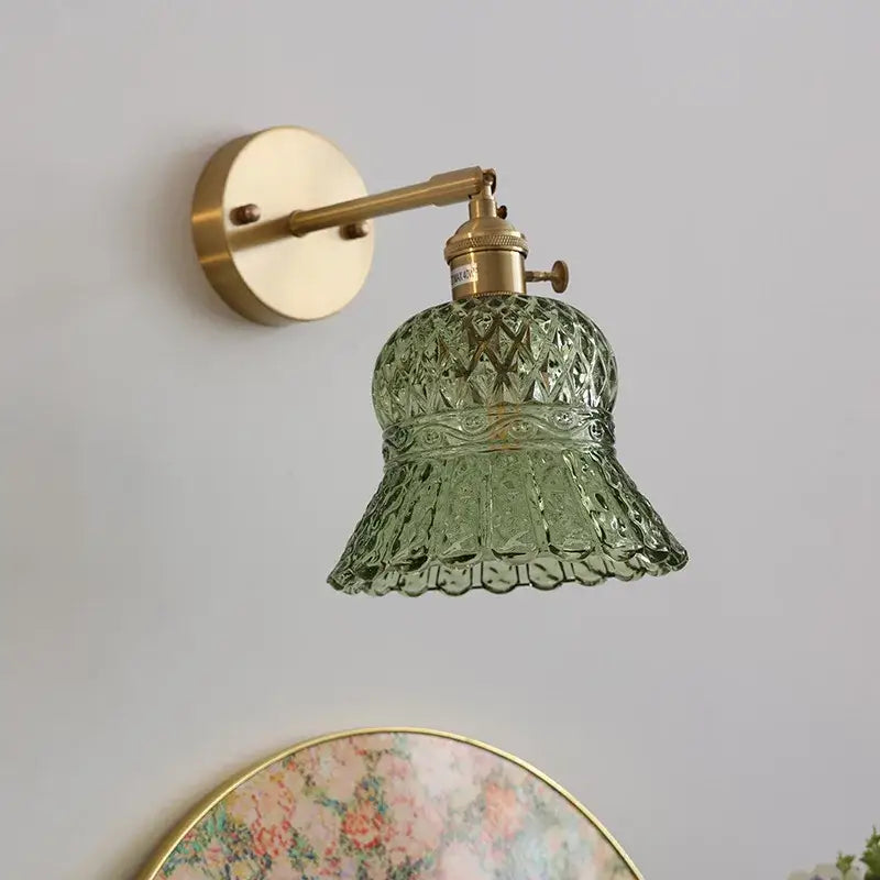 DecorBites amber flower glass LED wall light fixture with green textured glass shade and brass-finished metal arms