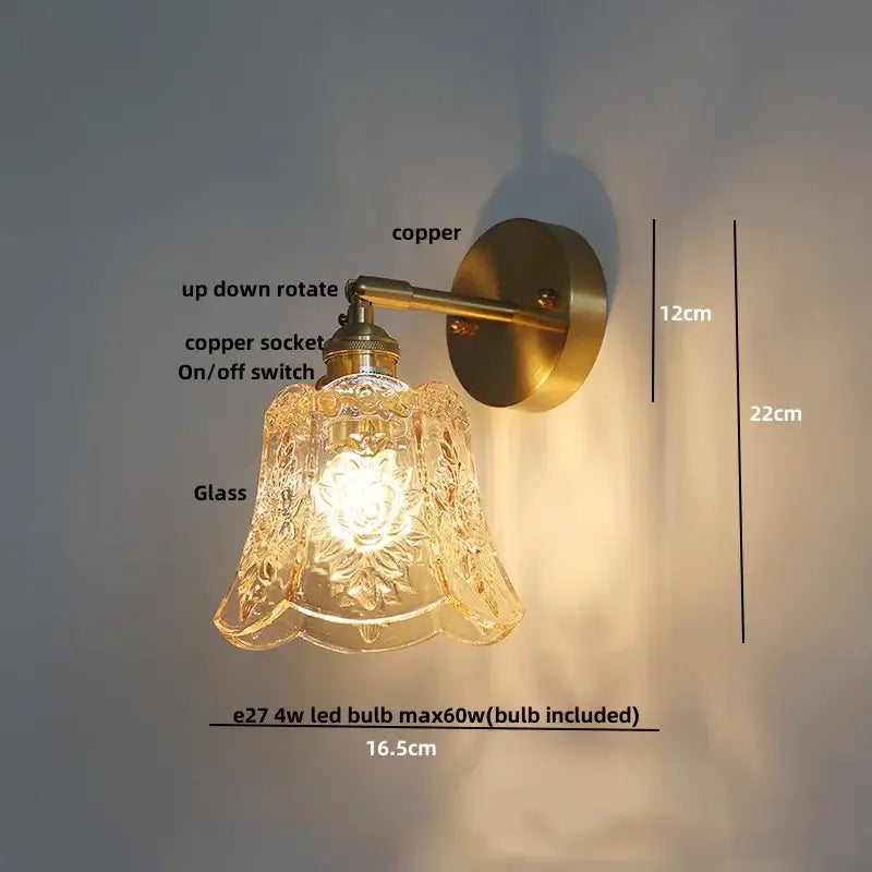 DecorBites amber flower glass wall light with copper metal base and ornate floral flower glass LED shade for kitchen bar