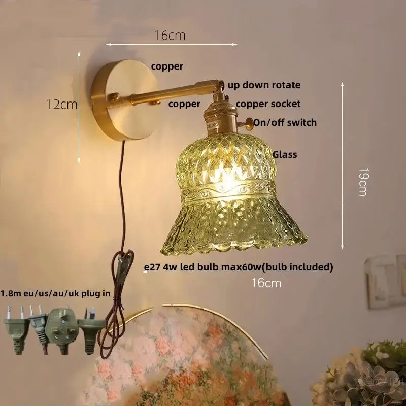 Antique-style copper wall light with amber flower glass led featuring textured diamond-cut patterns and ornate rim for decor