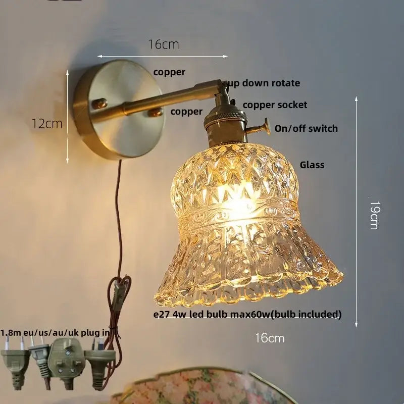 DecorBites amber flower glass led wall light fixture with antique brass finish and faceted bell-shaped shade for kitchen bar
