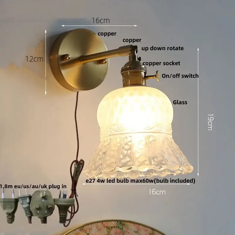 Vintage-style copper wall light with textured frosted amber flower glass led shade for kitchen or restaurant use