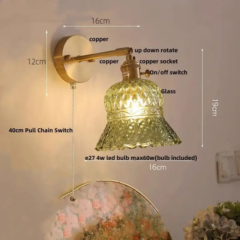 DecorBites™ amber flower glass led wall light with copper arm and ornate green flower glass shade for kitchen bar use