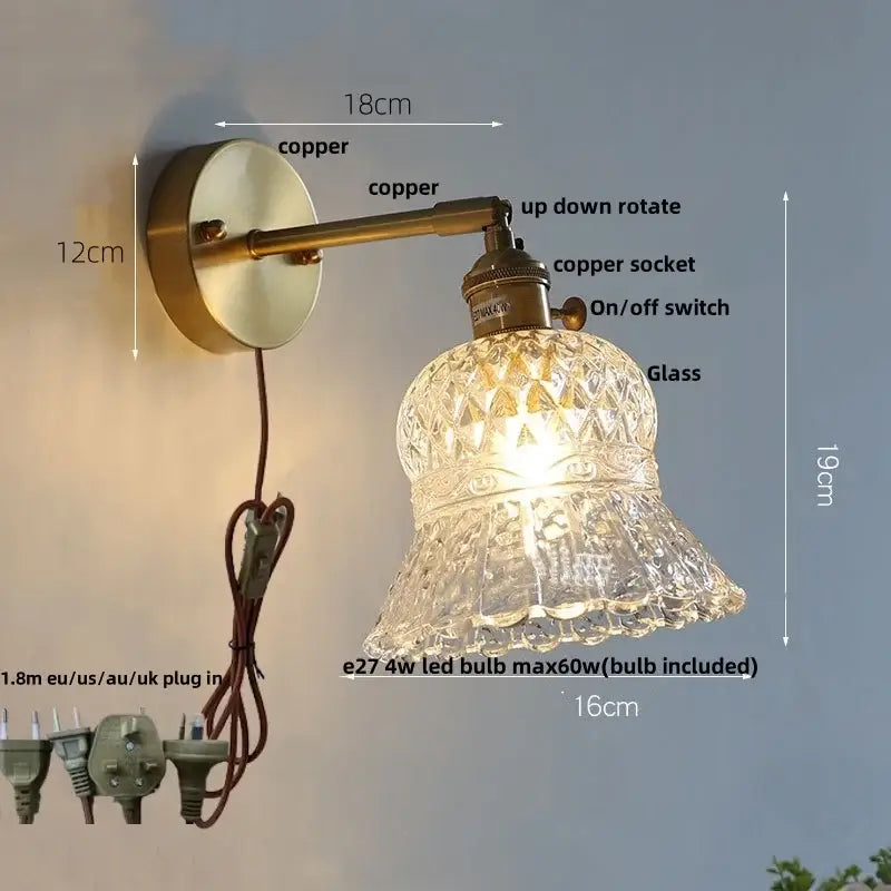 Antique brass finished wall light with faceted clear amber flower glass led shade for kitchen or bar use