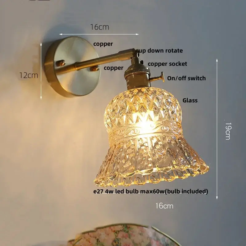 Antique brass-finished wall light with faceted clear amber flower glass led shade for kitchen restaurant bar use