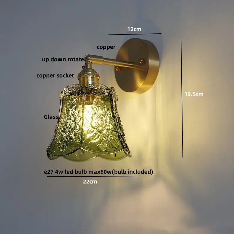 DecorBites amber flower glass wall light with vintage brass and green embossed floral shade for kitchen or bar