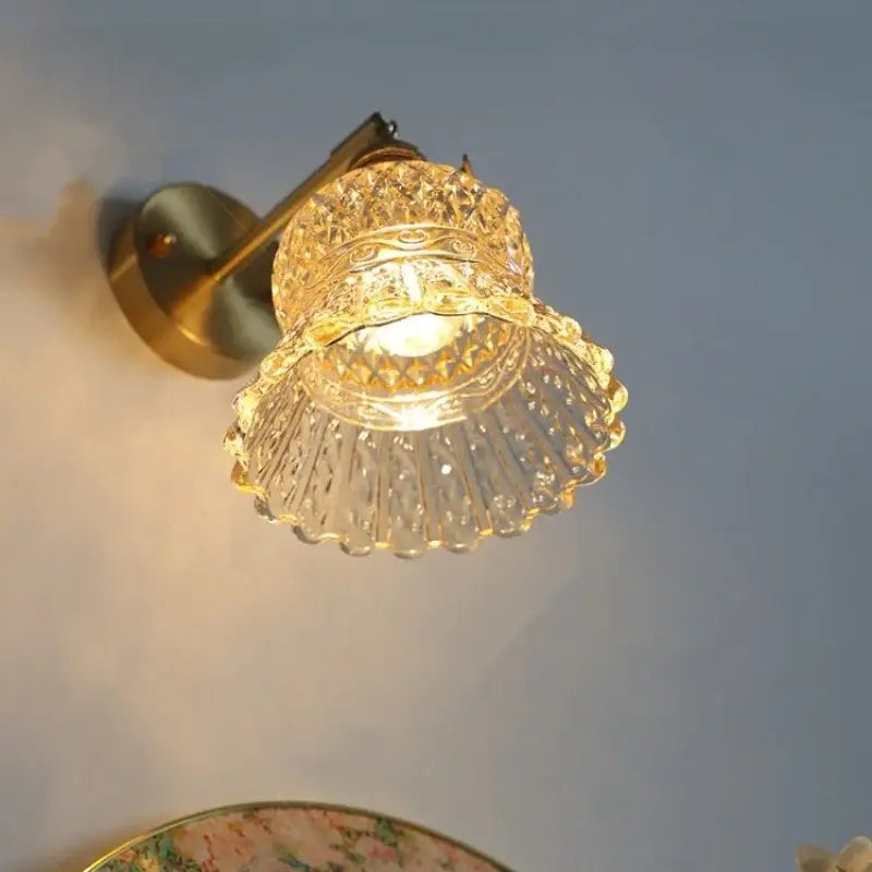 DecorBites amber flower glass led wall light fixture with vintage brass base and clear cut glass shade for kitchen bar