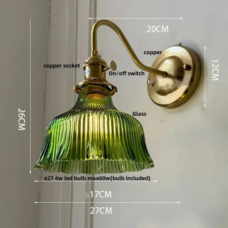 Vintage-style DecorBites™ amber flower glass wall sconce with green ribbed shade and brass copper finish for living room