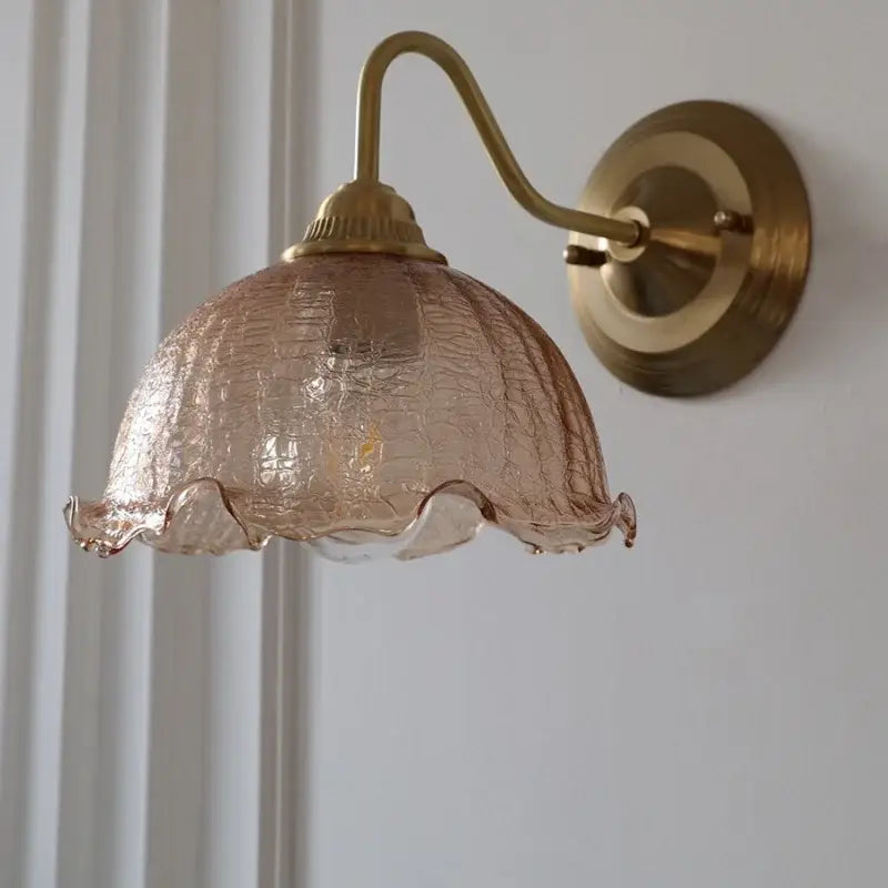Decorbites amber flower glass led wall sconce with amber-colored textured crackled lampshade on brass arm for living room