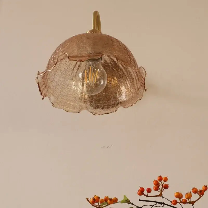 DecorBites™ amber flower glass wall sconce with textured crackled finish and ruffled edges for living room and bathroom vanity