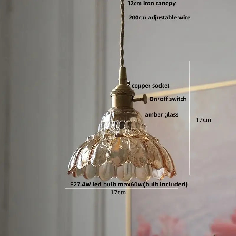 Decorbites amber flower glass pendant lamp with copper socket and adjustable iron canopy for modern nordic decor