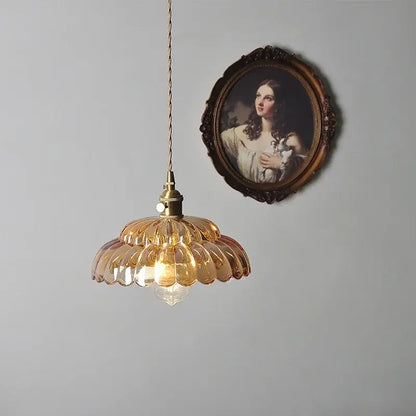 Decorbites amber flower glass pendant light with warm amber glass and brass fixture for kitchen or reading room decor