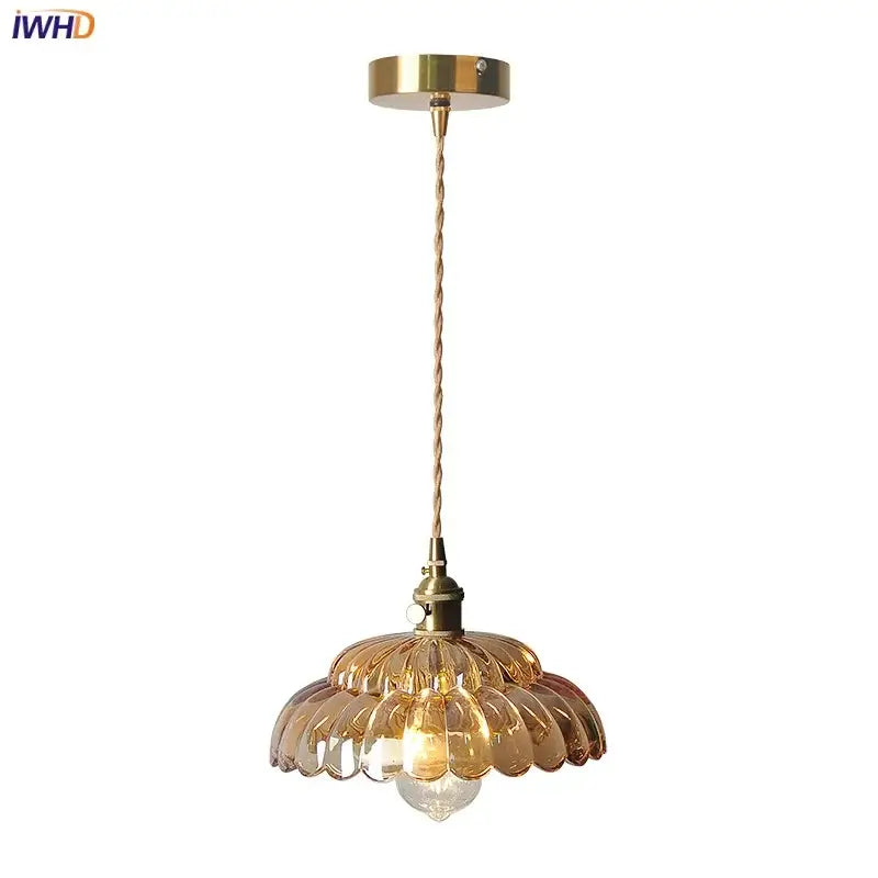 DecorBites amber flower glass pendant light with warm amber glass and brass frame for kitchen or reading room lighting