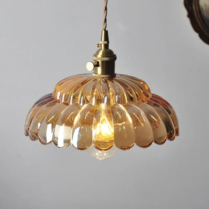 DecorBites amber flower glass pendant light with brass fixture and exposed filament bulb for kitchen or reading room decor
