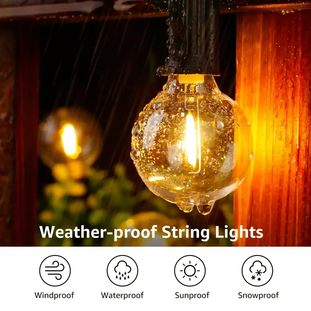 Warmly glowing amber glass bulb with black weatherproof connector in DecorBites amber glass string lights for party decor