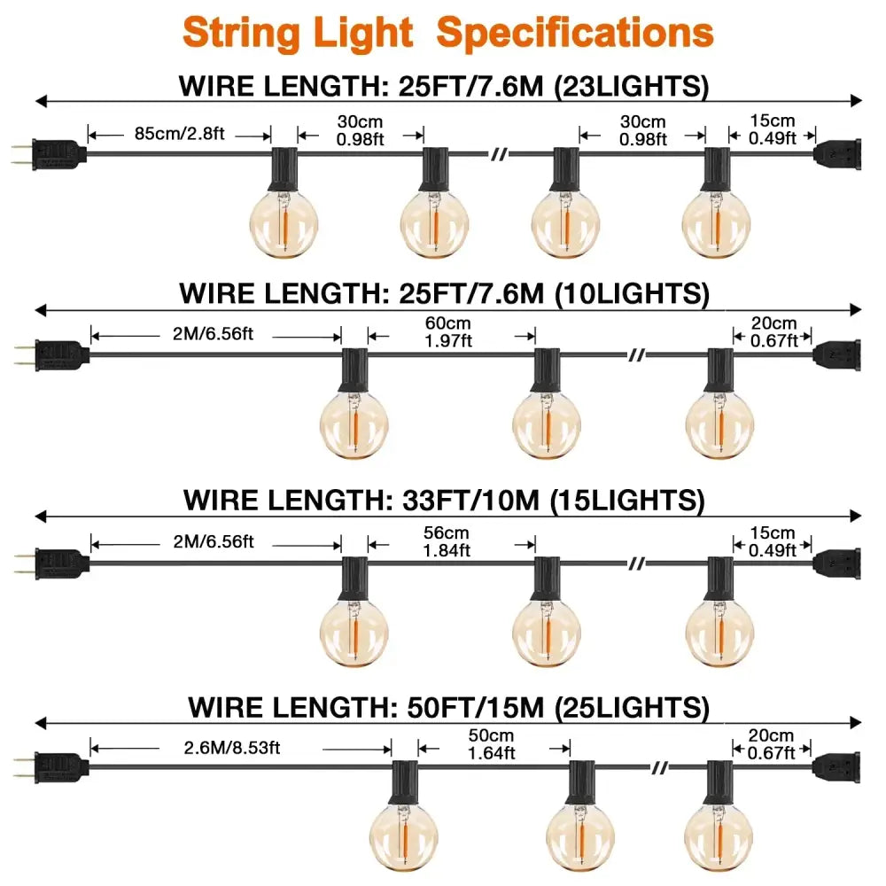 Decorbites™ amber glass bulb dimmable led string lights with clear glass bulbs and black sockets in various lengths