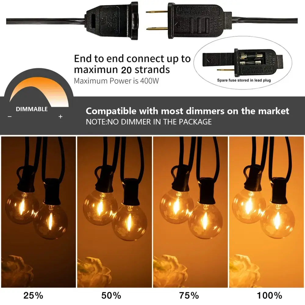 DecorBites™ dimmable string lights with amber glass bulbs and black plastic sockets for party and wedding decor