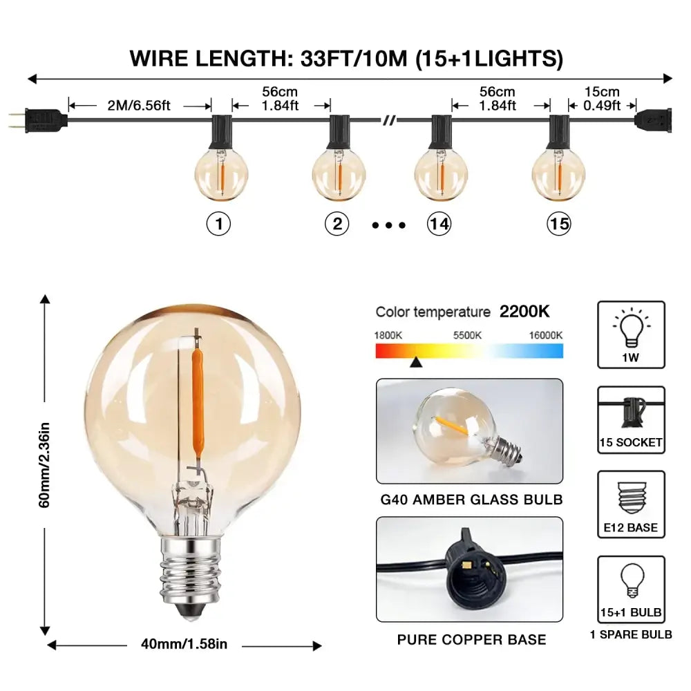 Decorbites amber glass bulb string lights with g40 amber glass bulbs and pure copper base 15-light string