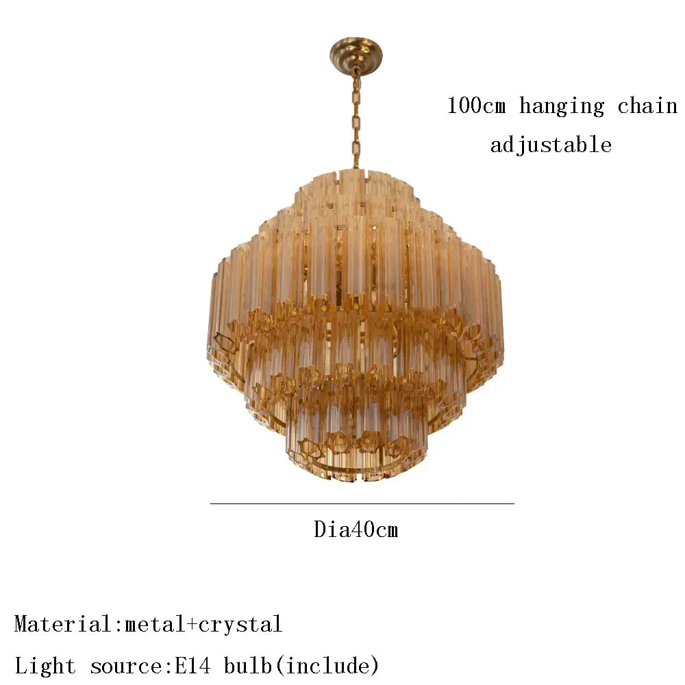 Decorbites amber glass ceiling chandelier with tiered golden crystal and metal design and adjustable 100cm chain